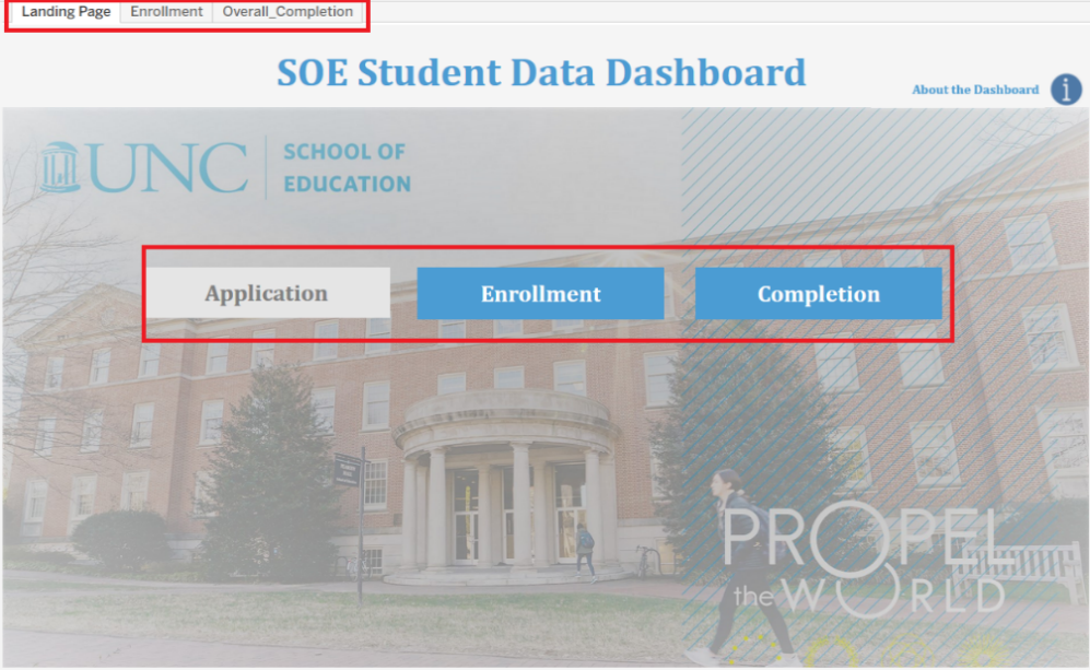 Screenshot of the landing page for the SOE Data Dashboard