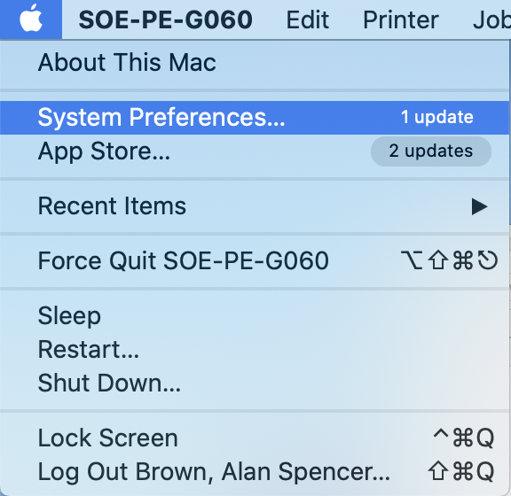macOS Apple Menu with System Preferences selected.