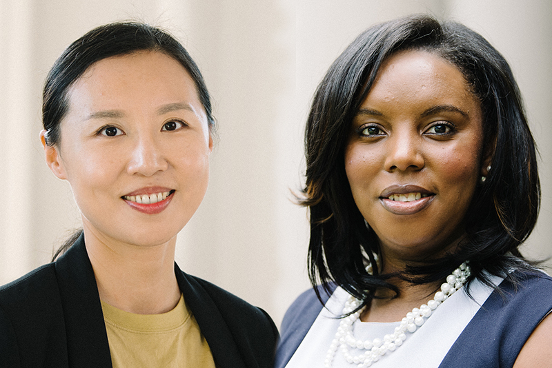 Portraits of Jia Heiny and Trish Harris. Jia is an Asian woman with straight black hair tied back. She is wearing a black blazer and yellow shirt and smiling at the camera. Trish is a black woman with straight black hair. She is wearing a blue and white dress and a pearl necklace and is smiling at the camera.